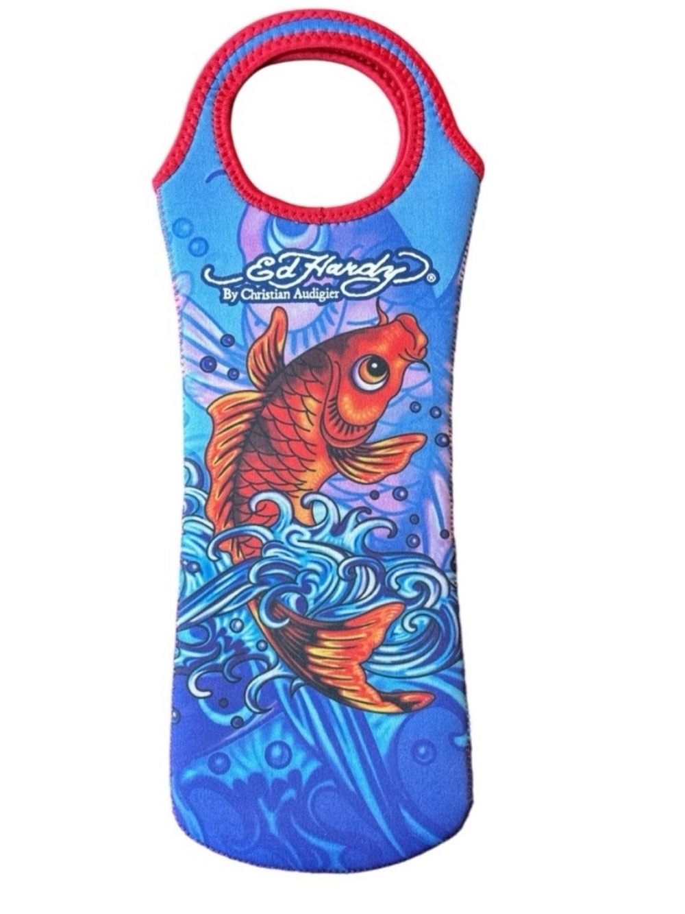 Ed Hardy Wine Bottle Tote Koi Fish Graphic Neoprene Holder 14"